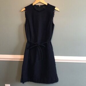 Brooks Brothers Navy tweed tie waist fringe hem sheath dress Sz 8 career preppy